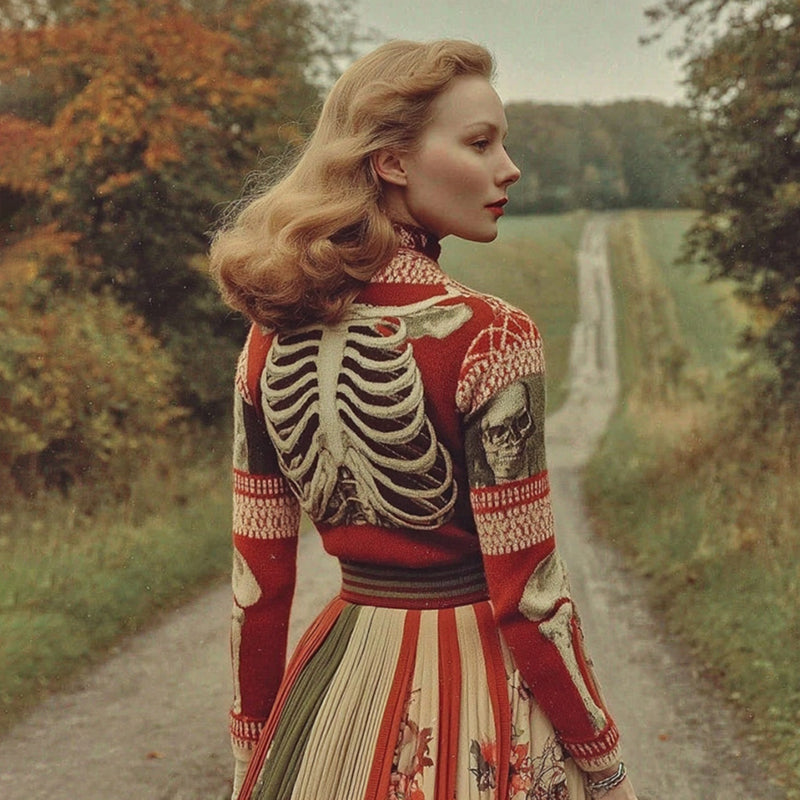 Women's Halloween Skull Ribs Pattern Cozy Turtleneck Sweater artswardrobe