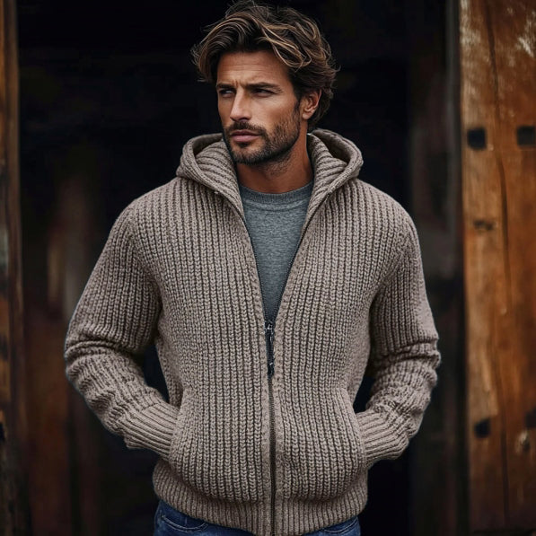 Men's Vintage Solid Color Zip Pocket Hooded Sweater elevenforest