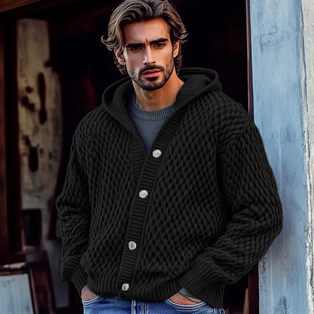 Men'S Waffle Braid Hooded Button Down Sweater elevenforest