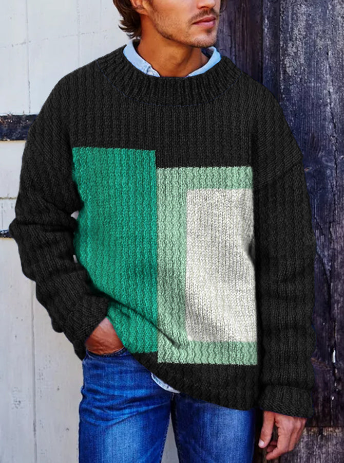 Vegan Mock Minimalist Knit Pullover Sustainable Patchwork Warmth Knitted Jacquard Unisex Sweater artswardrobe