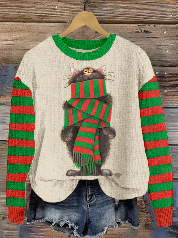 Funny Cat Wrapped In Scarf Pattern Cozy Sweater elevenforest