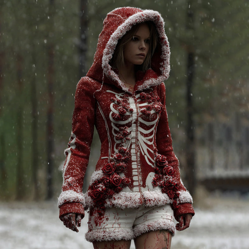 Comstylish Women's Vintage Halloween Skeleton & Rose Art Zipper Hooded Sweater
