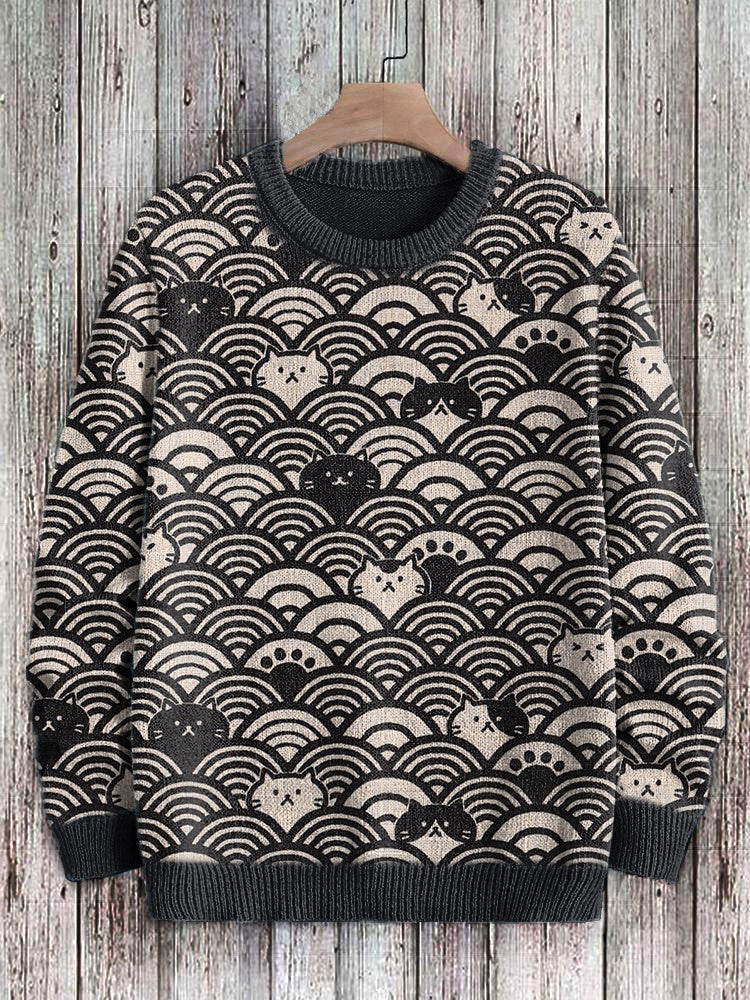Cats & Waves Japanese Art Print Cozy Knit Sweater elevenforest