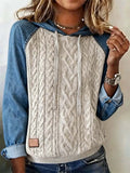 Women'S Casual Sweater Stitching Denim Hooded Top Sweatshirt