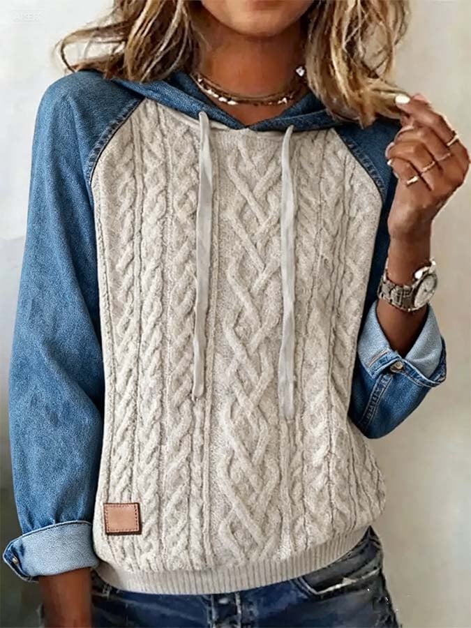 Women'S Casual Sweater Stitching Denim Hooded Top Sweatshirt