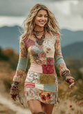 Women's Patchwork Floral Art Cozy Knit V Neck Mini Sweater Dress artswardrobe