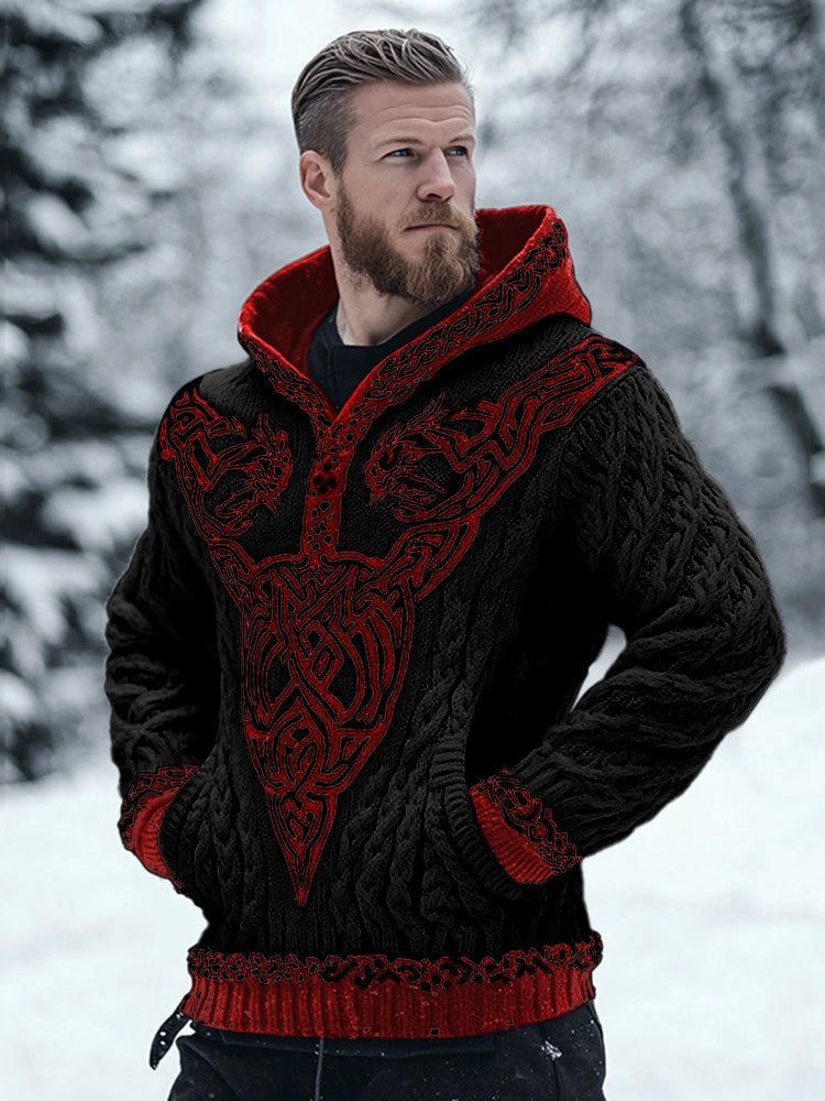 Men's Viking Celtic Contrast Cozy Chunky Hooded Sweater artswardrobe