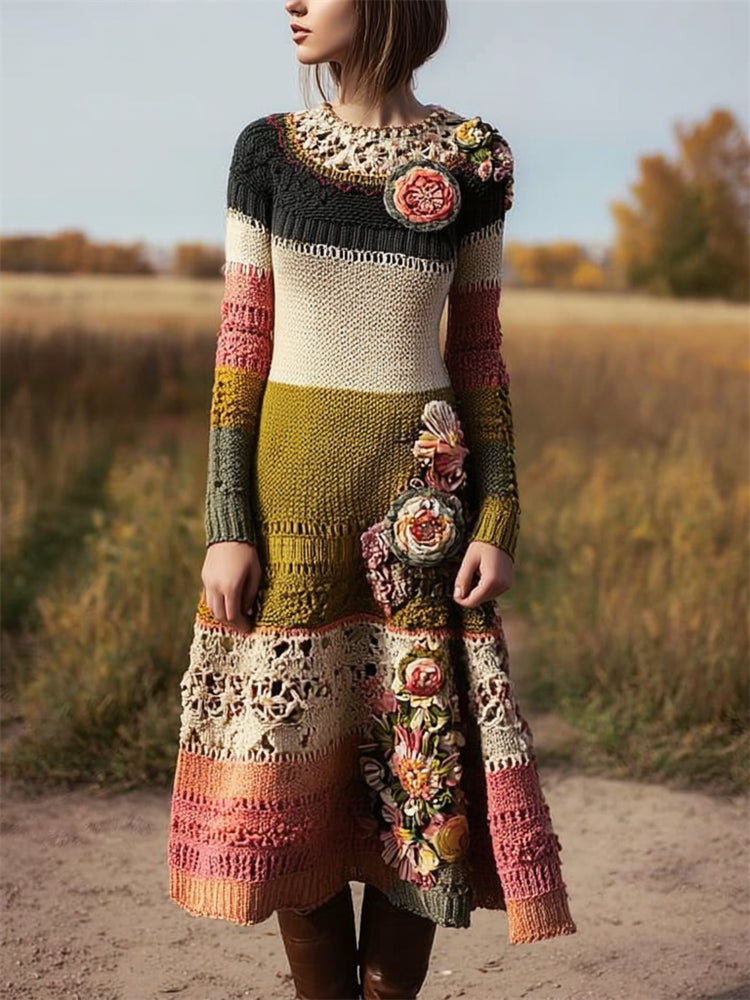 Comstylish Boho Floral Crochet Colorblock Maxi Sweater Dress