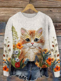 Cat Floral Embroidery Pattern Cozy Knit Sweater elevenforest