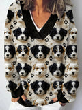 Comstylish Dog & Paw Embroidered V Neck Cozy Sweater