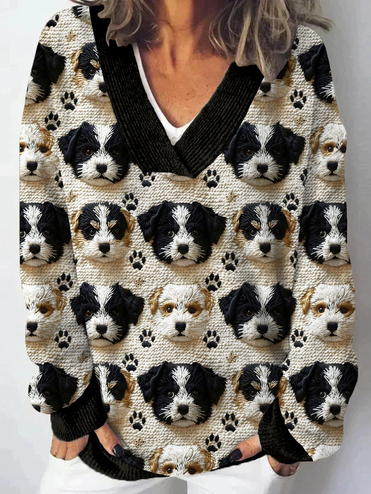 Comstylish Dog & Paw Embroidered V Neck Cozy Sweater
