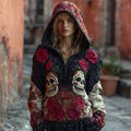 Day Of The Dead Sugar Skulls Roses Cozy Knit Hooded Sweater artswardrobe