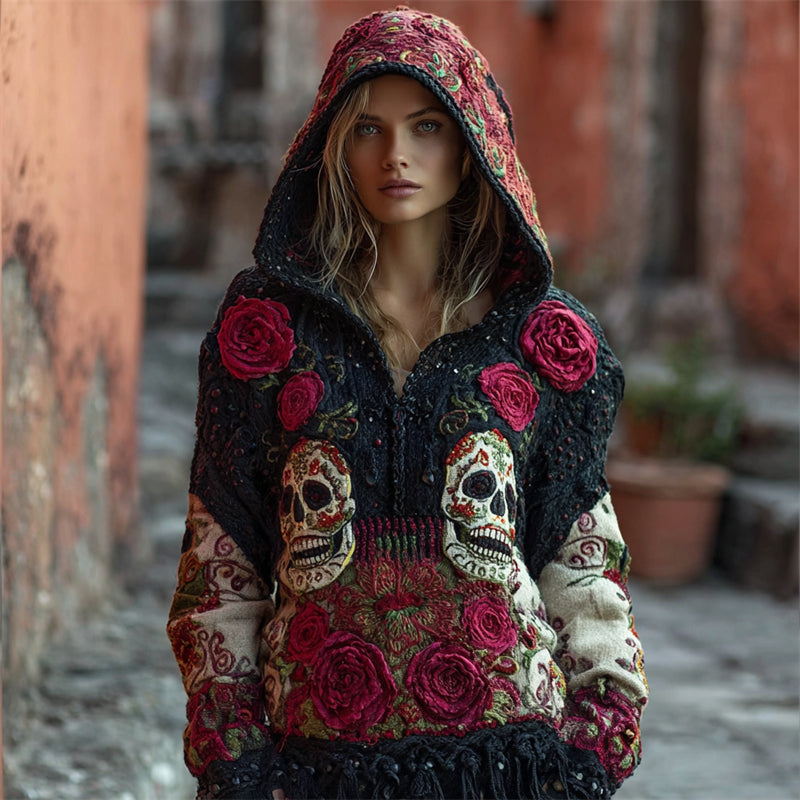 Comstylish Day Of The Dead Sugar Skulls Roses Cozy Knit Hooded Sweater