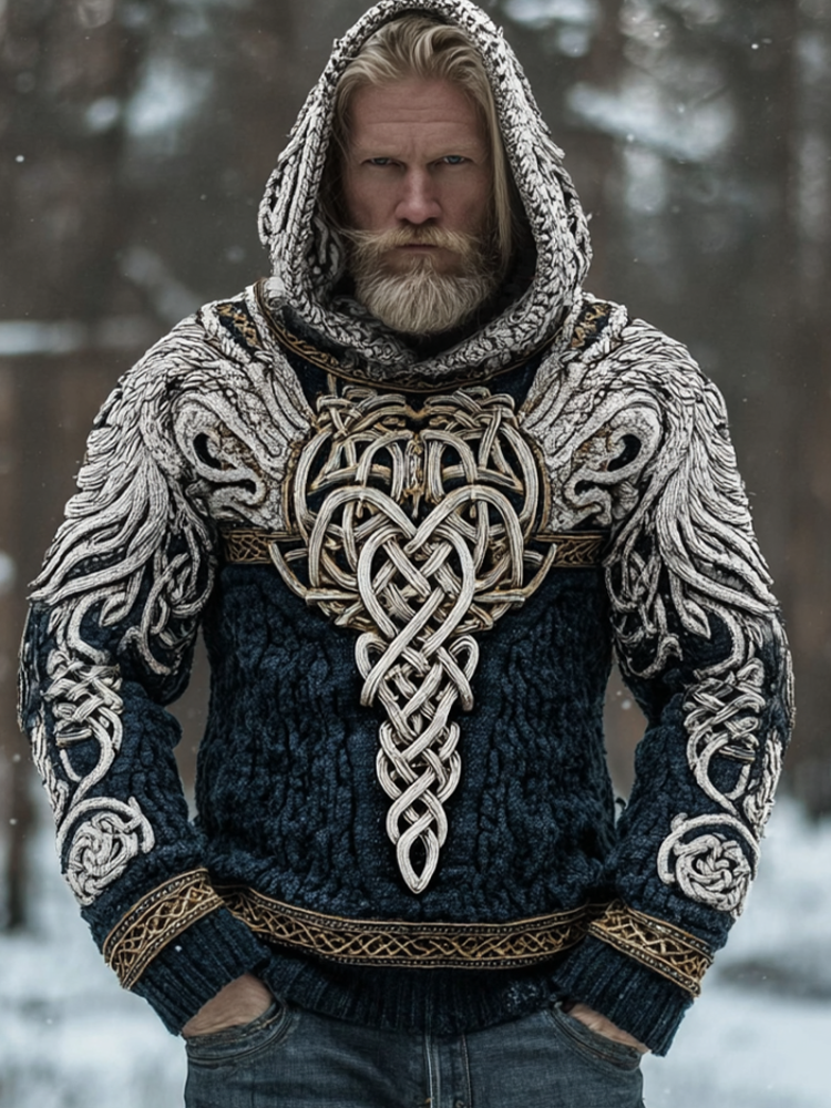 Men's Hooded Thick Sweater With Viking Style Tribal Totem And Wolf Totem Patterns artswardrobe