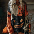 Halloween Cute Cat Face Art Cozy Knit Sweater