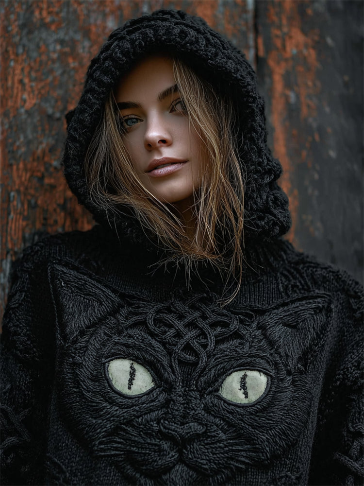 Comstylish Mystical Celtic Black Cat Cozy Knit Hooded Sweater