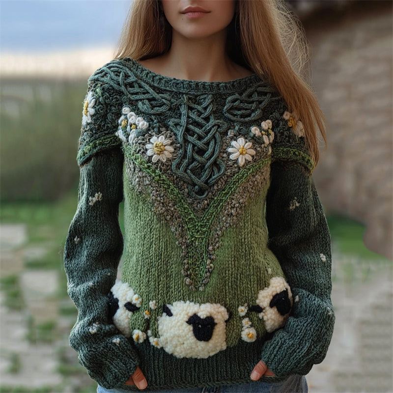 Fuzzy Sheep Floral Vintage Celtic Crochet Cozy Knit Sweater artswardrobe