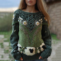 Comstylish Fuzzy Sheep Floral Vintage Celtic Crochet Cozy Knit Sweater