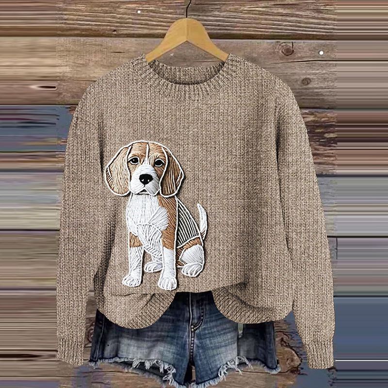 Comstylish Cute Brown Beagle Dog Embroidery Art Cozy Sweater