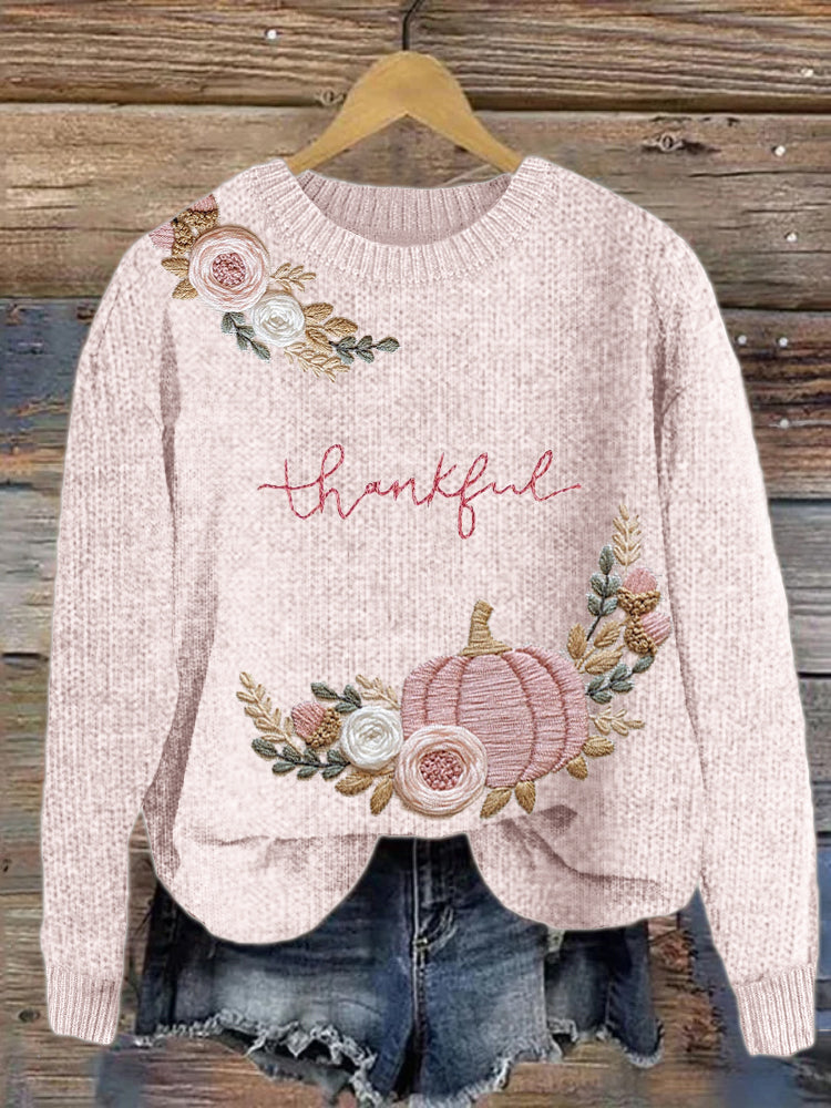 Thanksgiving Thankful Pink Pumpkin Floral Embroidered Cozy Sweater artswardrobe