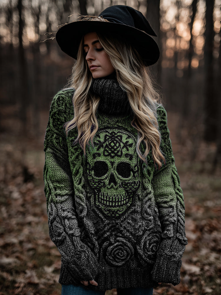 Women's Viking Tribal Jacquard Celtic With Rose And Skull Inspired Chunky Knit Hooded Sweater artswardrobe