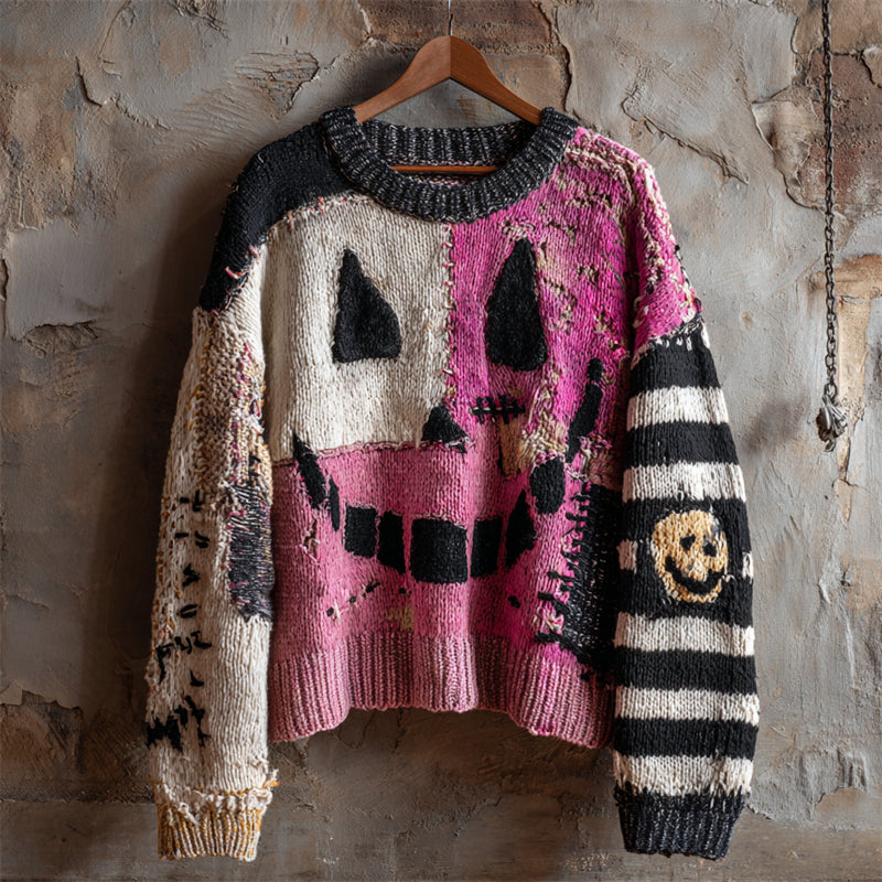 Halloween Spooky Faces Patchwork Stitched Cozy Knit Sweater elevenforest