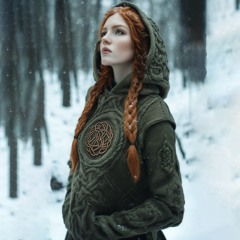 Women's Viking Tribal Celtic Chunky Knit Hooded Sweater artswardrobe