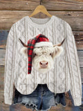 Highland Cow with Plaid Christmas Hat Cable Knit Sweater artswardrobe