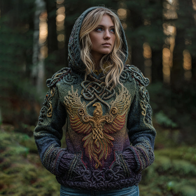 Women's Celtic Knot Myth Phoenix Embroidered Ombre Hooded Sweater artswardrobe