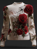 Comstylish Women's Halloween Red Rose And Spider Web Warm Round Neck Sweater