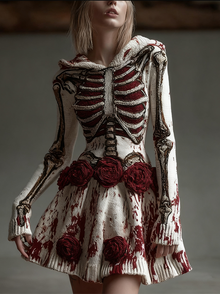 Comstylish Halloween Blood Rose Women's Knit Hooded Sweater Dress