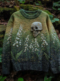 Vintage Lily Of The Valley & Skull Embroidered Comfy Knit Sweater artswardrobe