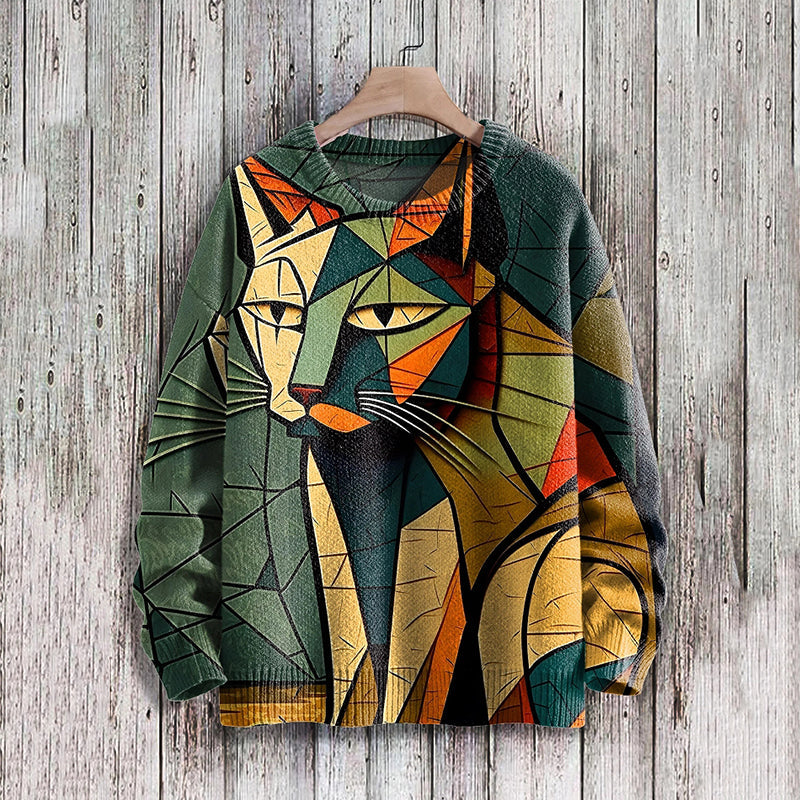 Multicolor Abstract Geometric Art Cat Print Knitted Pullover Sweater elevenforest