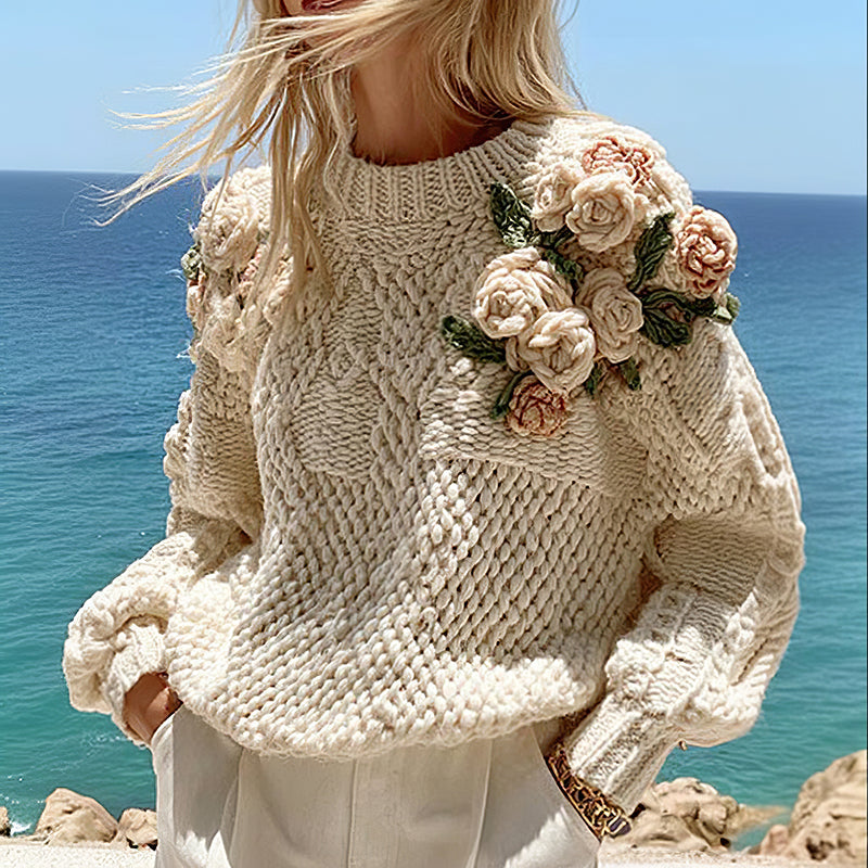 Women's Boho Rose Chunky Knit Crew Neck Aran Sweater