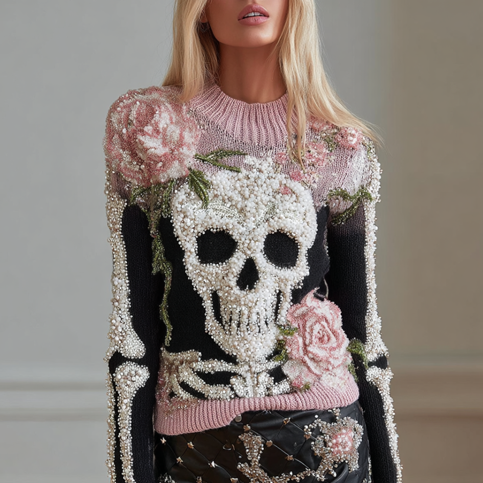 Comstylish Halloween Skeleton And Plant Flower Pattern Combined Design Women's Knitted Sweater