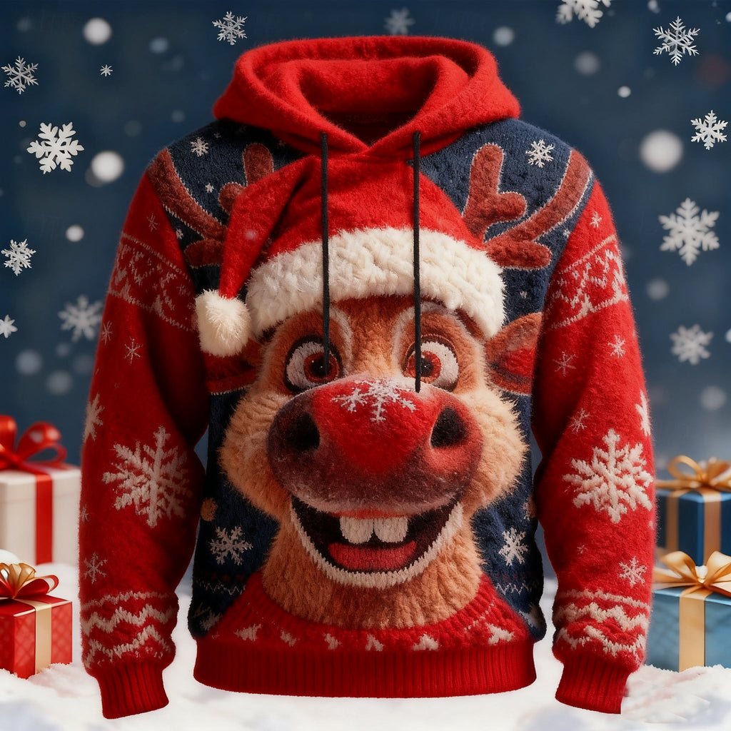 Comstylish Men's Vintage Christmas Elk Art Cozy Plush Ugly Hooded Sweater
