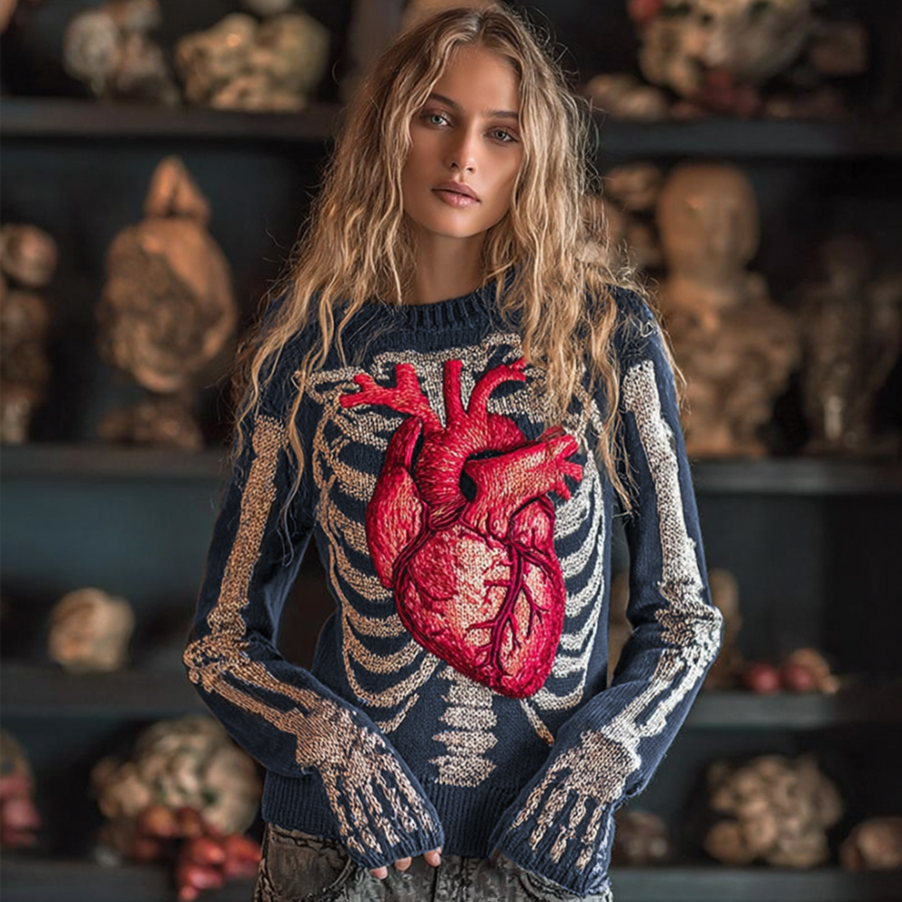 Women Halloween Human Bones Beating Red Heart Embroidery Antique Round Neck Sweater artswardrobe