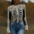 Women's Halloween Skeleton Bones With Roses Art Knitted Warm Sweater artswardrobe