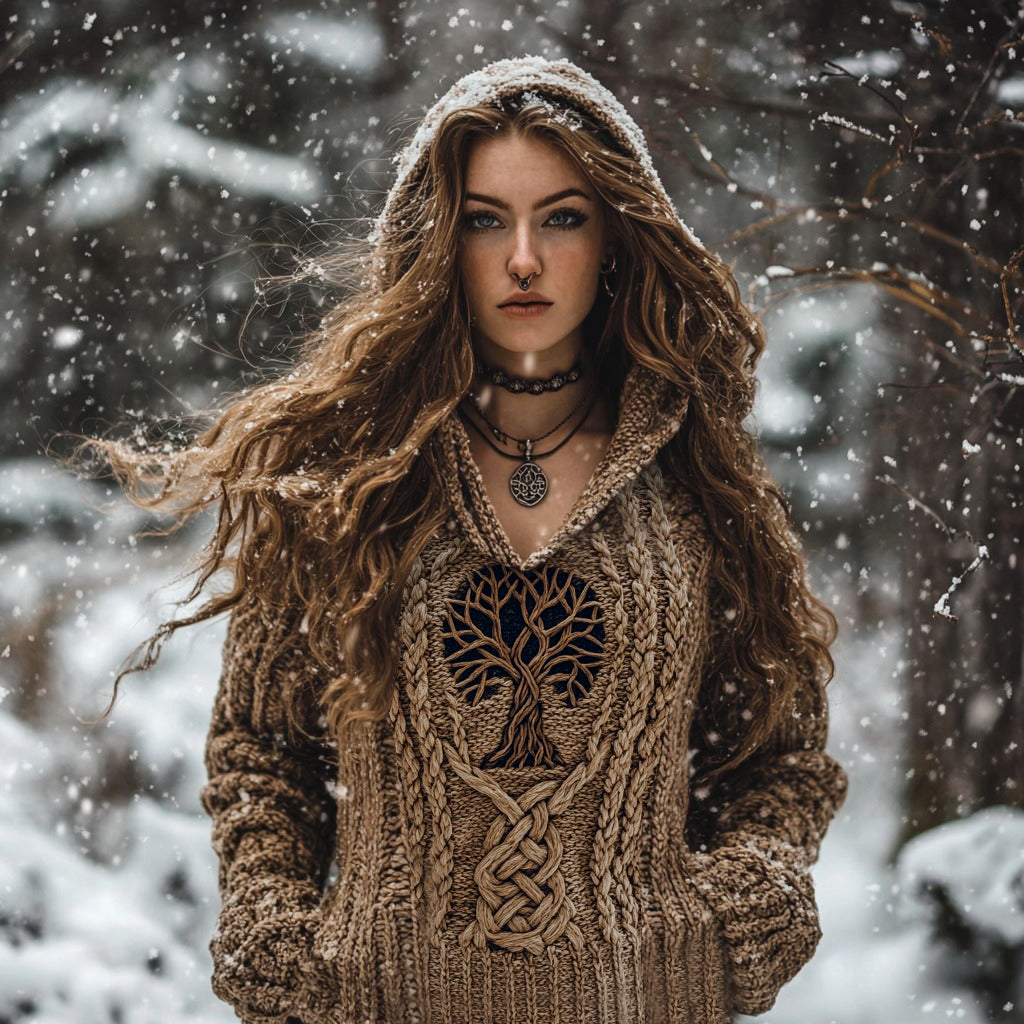 Women's Viking Tribal Runes Life Of Tree Chunky Knit Hooded Sweater elevenforest