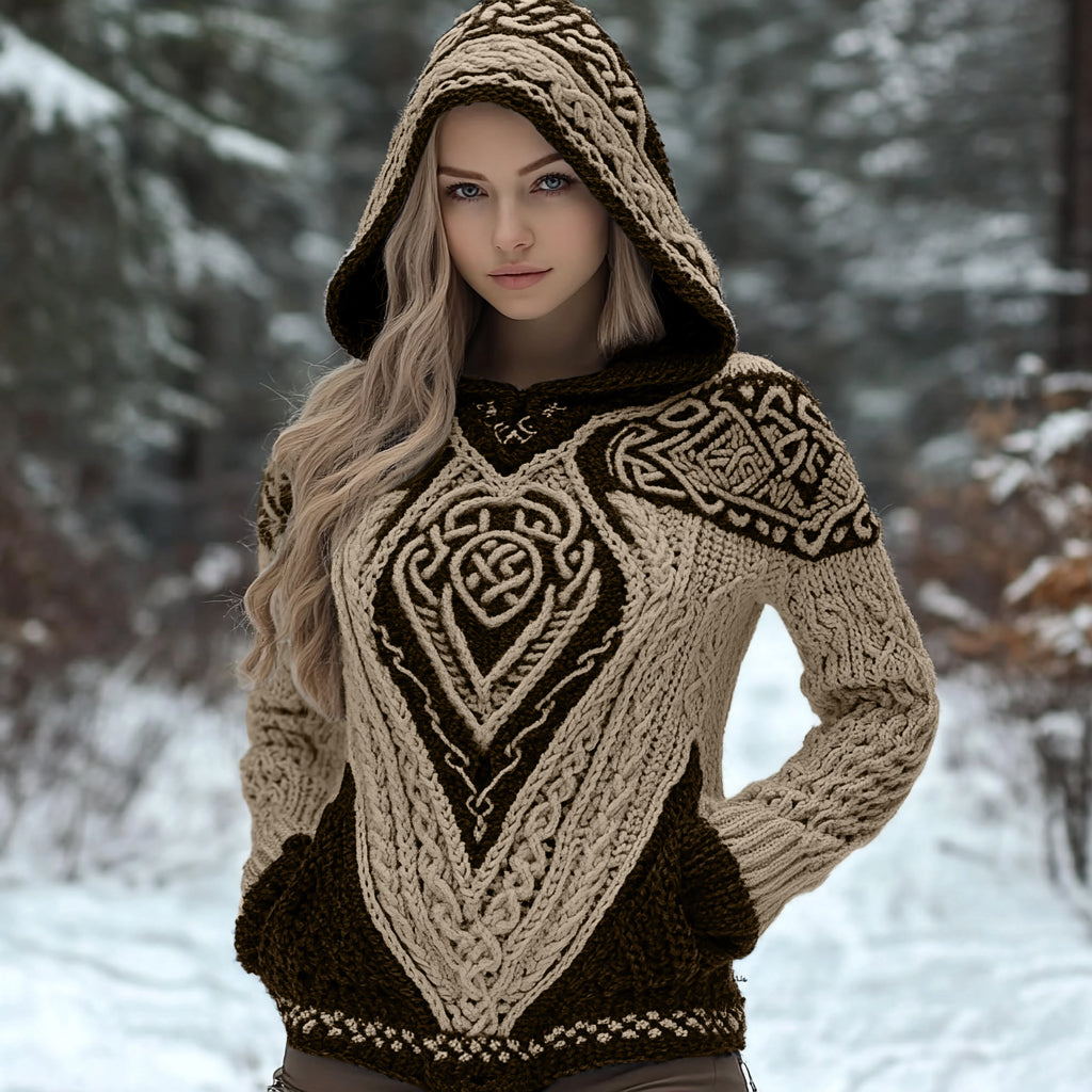 Women's Viking Wolf Style Celtic Thick Hooded Sweater artswardrobe