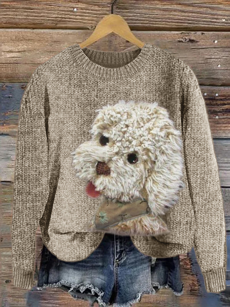 Comstylish Fuzzy Dog Plush Patchwork Knit Sweater