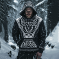 Men's Viking Tribal Wolf Jacquard Celtic Inspired Chunky Knit Hooded Sweater artswardrobe
