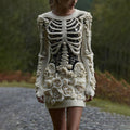 Comstylish Women's Vintage Halloween Skeleton Bones With Glitter And Rose Art Cozy Knit Mini Sweater Dress