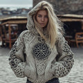 Women's Vegvisir Viking Celtic Runes Knit Jacquard Cozy Hooded Sweater elevenforest