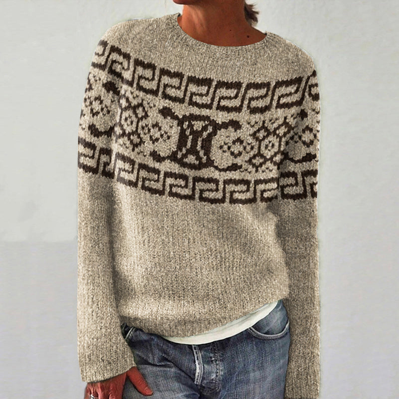 Greek Key Pattern Knit Pullover Crew Neck Sweater artswardrobe
