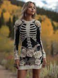 Comstylish Vintage Skeleton Roses Embroidered Sweater Mini Dress