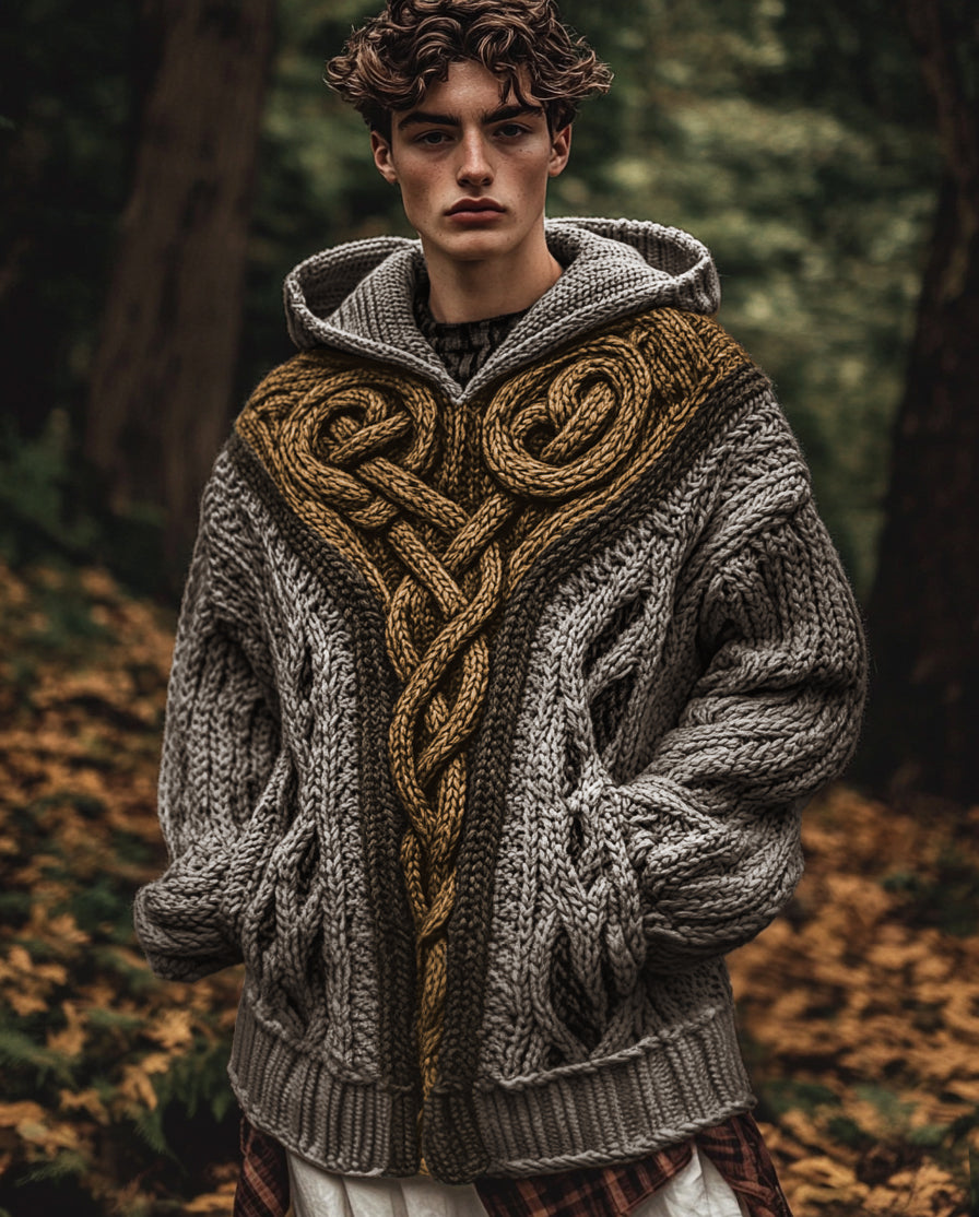 Men's Vintage Irish Celtic Knot Jacquard Mottled Hooded Sweater artswardrobe