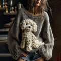 Cute Fuzzy Dog Embroidered Cozy Knit Sweater artswardrobe