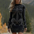 Women's Halloween Skeleton Flower Art Embroidery Cozy Knit Mini Sweater Dress artswardrobe