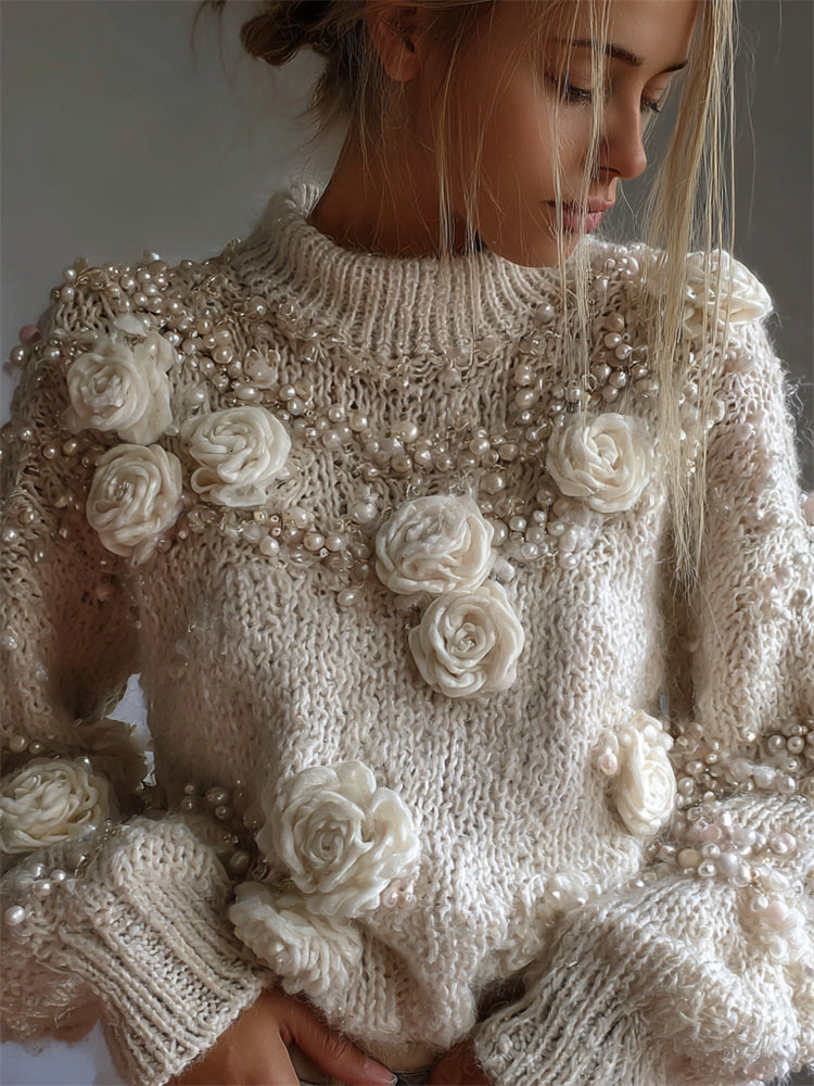 Classy White Roses Pearls Beaded Turtleneck Cozy Knit Sweater artswardrobe